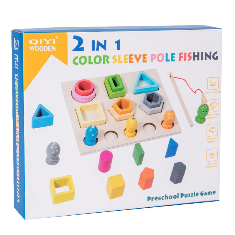 Children's Wooden Three-Dimensional Multifunctional Fishing Sleeve Column Shape Matching Cognitive Hand-Eye Coordination Educational Toys