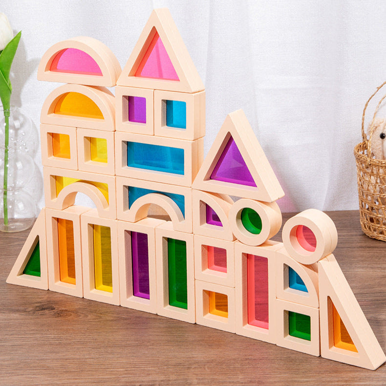 Wooden Rainbow Building Blocks for Kids 25 Pcs Rainbow Stacker Stacking Blocks Game Colorful Construction Toys Preschool Learning Educational Toys -Geometry Wooden Blocks for Boys & Girls