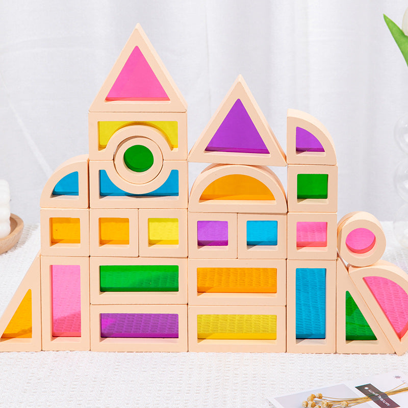 Wooden Rainbow Building Blocks for Kids 25 Pcs Rainbow Stacker Stacking Blocks Game Colorful Construction Toys Preschool Learning Educational Toys -Geometry Wooden Blocks for Boys & Girls