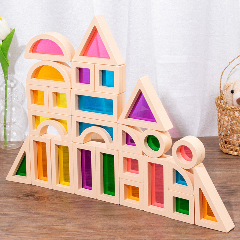 Wooden Rainbow Building Blocks for Kids 25 Pcs Rainbow Stacker Stacking Blocks Game Colorful Construction Toys Preschool Learning Educational Toys -Geometry Wooden Blocks for Boys & Girls