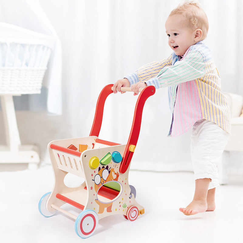 Multifunctional Children's Push Toy Shopping Cart Toddler Wooden Supermarket Push Cart Toy Car