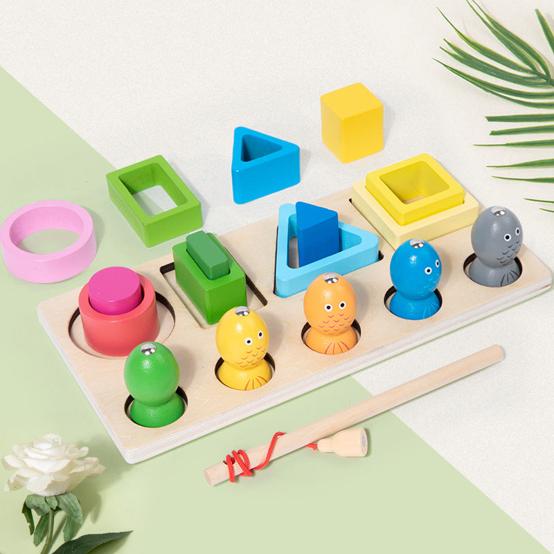 Children's Wooden Three-Dimensional Multifunctional Fishing Sleeve Column Shape Matching Cognitive Hand-Eye Coordination Educational Toys