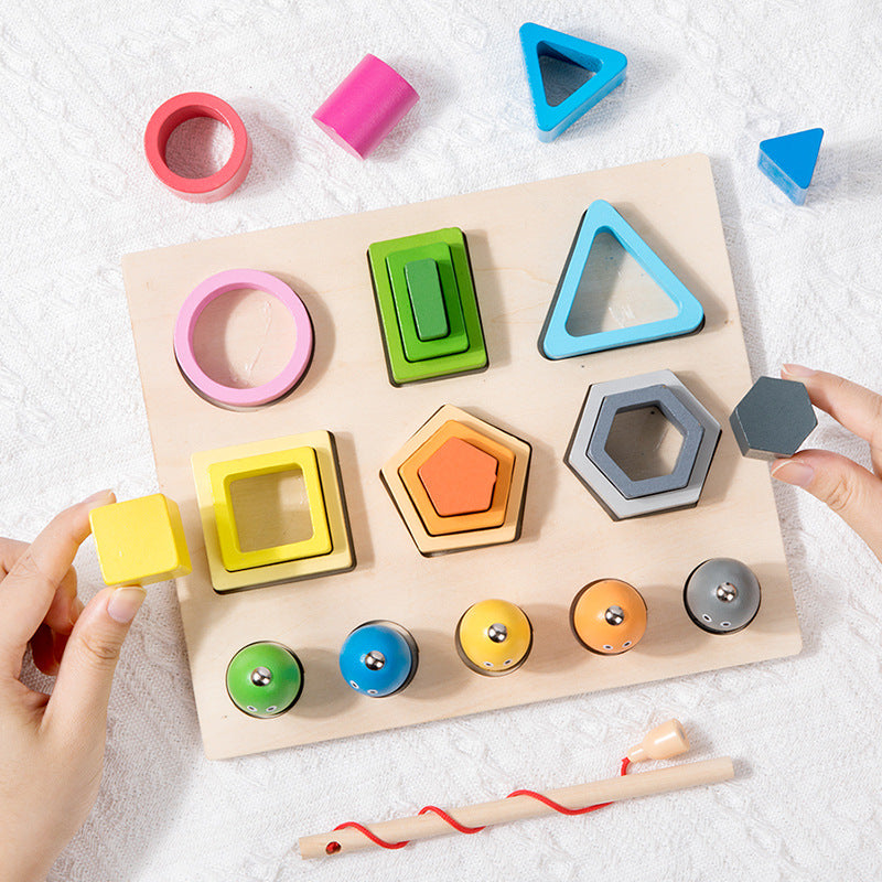 Children's Wooden Three-Dimensional Multifunctional Fishing Sleeve Column Shape Matching Cognitive Hand-Eye Coordination Educational Toys