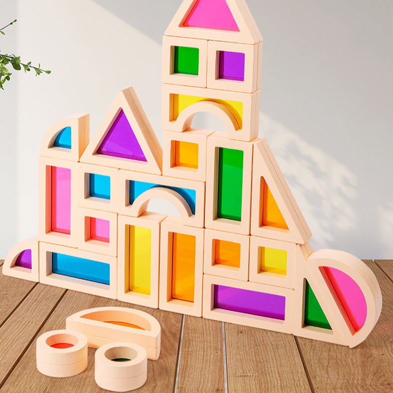 Wooden Rainbow Building Blocks for Kids 25 Pcs Rainbow Stacker Stacking Blocks Game Colorful Construction Toys Preschool Learning Educational Toys -Geometry Wooden Blocks for Boys & Girls