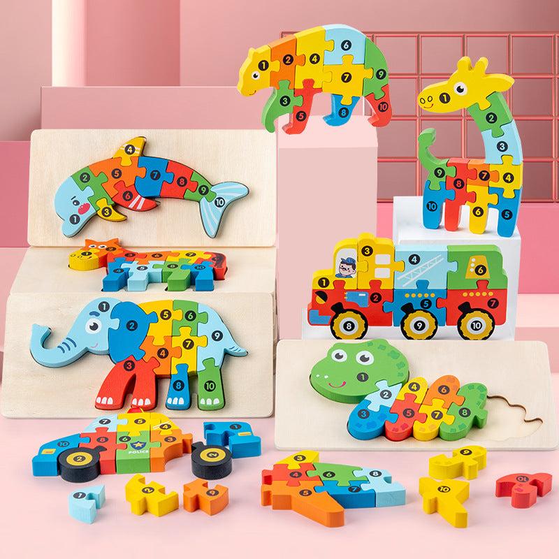 Wooden Children's Educational Toys 4-6 Wooden Animal Traffic Shape Matching 3D Montessori Colorful Shape Learning Puzzle, Preschool Education Toys Gifts for Boys Girls