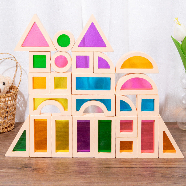 Wooden Rainbow Building Blocks for Kids 25 Pcs Rainbow Stacker Stacking Blocks Game Colorful Construction Toys Preschool Learning Educational Toys -Geometry Wooden Blocks for Boys & Girls