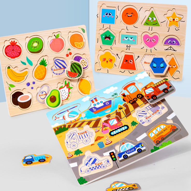 Children's Educational Toys 4--6 years Wooden Puzzles for Toddlers 9 Pieces Preschool Educational and Learning Traffic Fruit Number Animal Cognition Flat Handheld Puzzle STEM Toys
