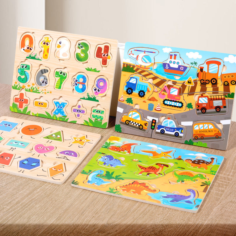 Children's Educational Toys 4--6 years Wooden Puzzles for Toddlers 9 Pieces Preschool Educational and Learning Traffic Fruit Number Animal Cognition Flat Handheld Puzzle STEM Toys