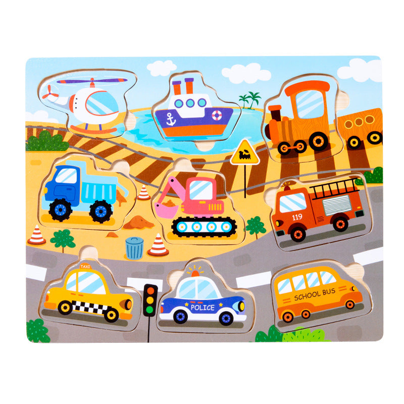 Children's Educational Toys 4--6 years Wooden Puzzles for Toddlers 9 Pieces Preschool Educational and Learning Traffic Fruit Number Animal Cognition Flat Handheld Puzzle STEM Toys