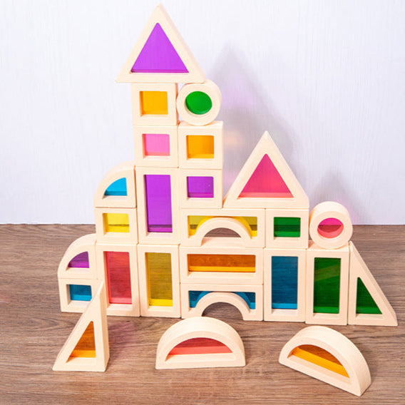 Wooden Rainbow Building Blocks for Kids 25 Pcs Rainbow Stacker Stacking Blocks Game Colorful Construction Toys Preschool Learning Educational Toys -Geometry Wooden Blocks for Boys & Girls
