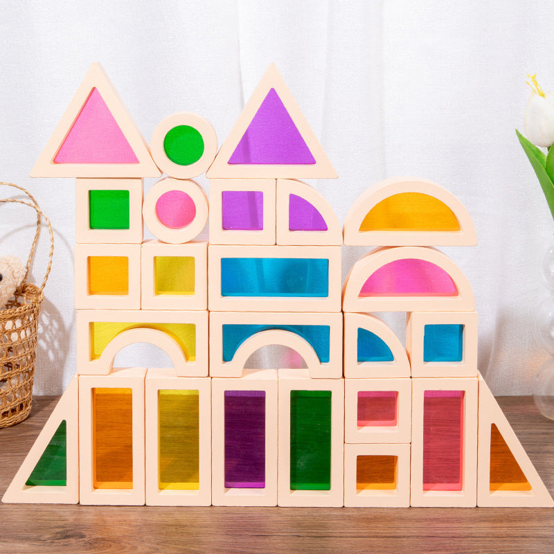 Wooden Rainbow Building Blocks for Kids 25 Pcs Rainbow Stacker Stacking Blocks Game Colorful Construction Toys Preschool Learning Educational Toys -Geometry Wooden Blocks for Boys & Girls