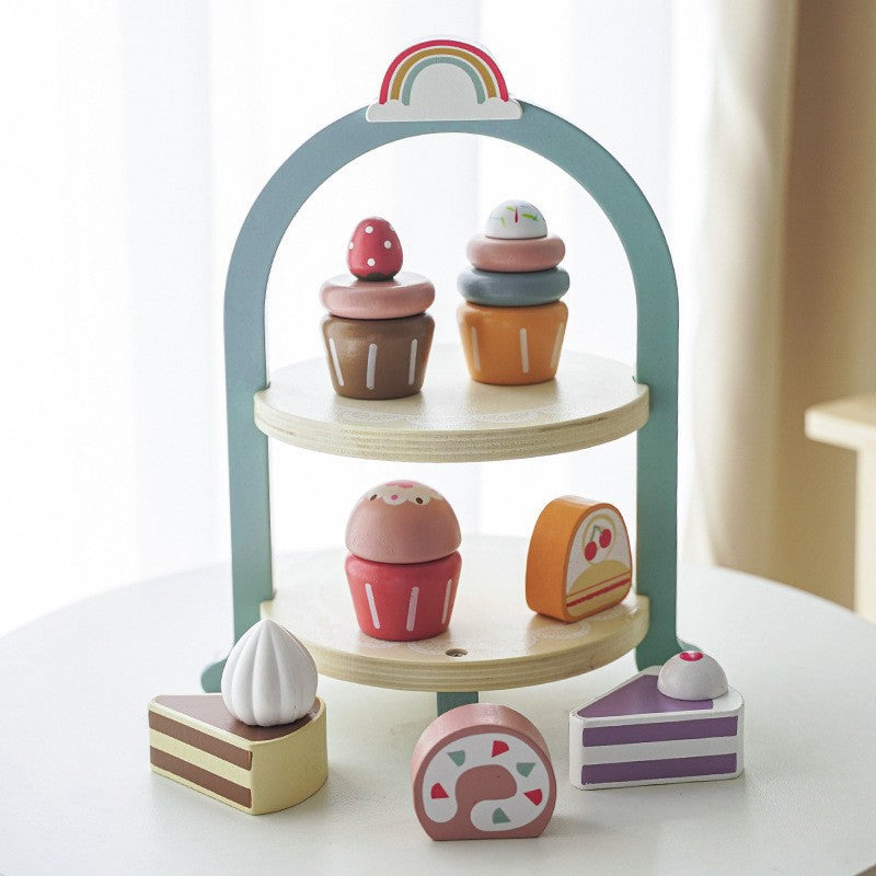 Wooden Tea Party Set for Little Girls, Tea Set Toddler Girl Toys, Pretend Play Tea Sets for Toddlers 3-5, Wooden Toys with Cupcake Stand & Play Kitchen Accessories for 3 4 5 6 Years Old Gifts