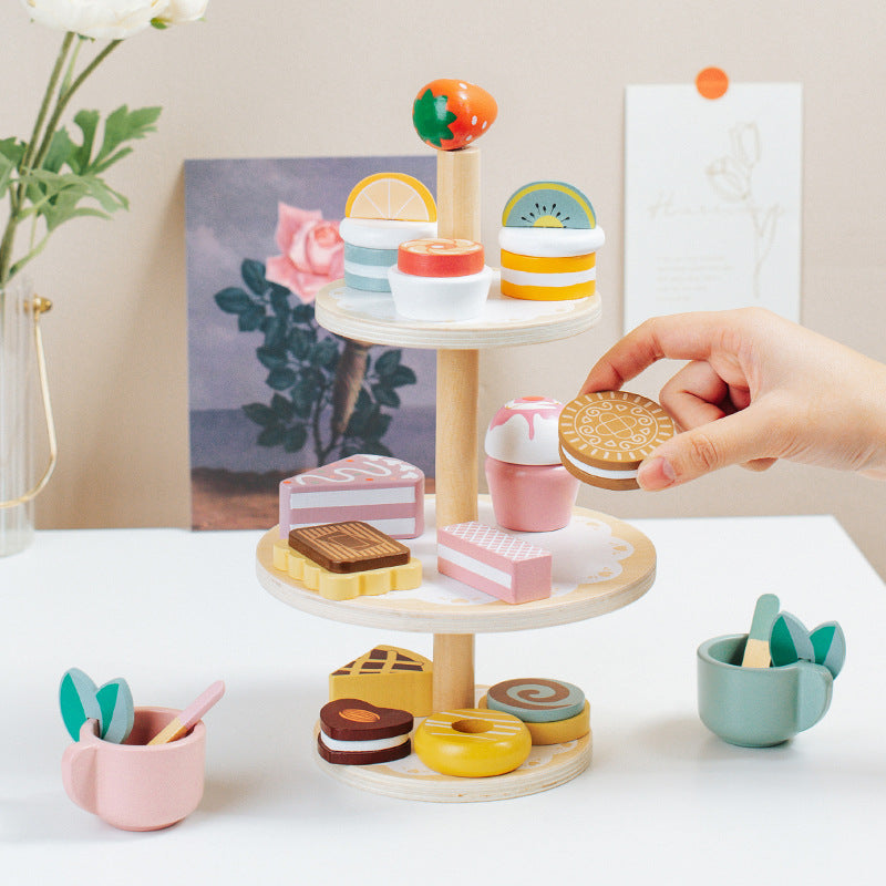 Wooden Tea Party Set for Little Girls, Tea Set Toddler Girl Toys, Pretend Play Tea Sets for Toddlers 3-5, Wooden Toys with Cupcake Stand & Play Kitchen Accessories for 3 4 5 6 Years Old Gifts