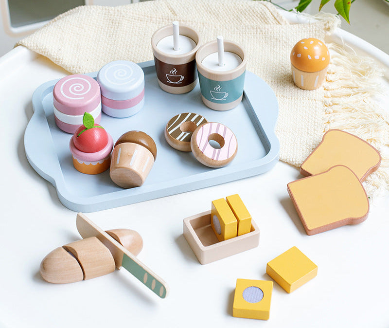 Wooden Tea Party Set for Little Girls, Tea Set Toddler Girl Toys, Pretend Play Tea Sets for Toddlers 3-5, Wooden Toys with Cupcake Stand & Play Kitchen Accessories for 3 4 5 6 Years Old Gifts