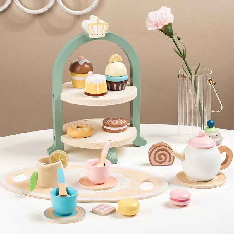 Wooden Tea Party Set for Little Girls, Tea Set Toddler Girl Toys, Pretend Play Tea Sets for Toddlers 3-5, Wooden Toys with Cupcake Stand & Play Kitchen Accessories for 3 4 5 6 Years Old Gifts