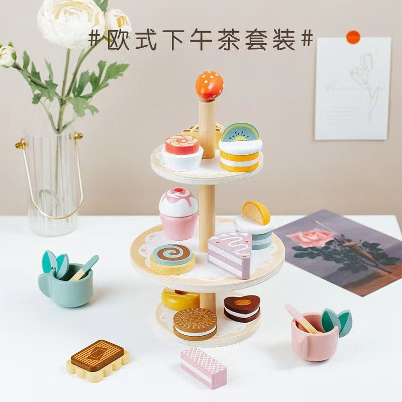 Wooden Tea Party Set for Little Girls, Tea Set Toddler Girl Toys, Pretend Play Tea Sets for Toddlers 3-5, Wooden Toys with Cupcake Stand & Play Kitchen Accessories for 3 4 5 6 Years Old Gifts