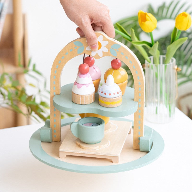 Wooden Tea Party Set for Little Girls, Tea Set Toddler Girl Toys, Pretend Play Tea Sets for Toddlers 3-5, Wooden Toys with Cupcake Stand & Play Kitchen Accessories for 3 4 5 6 Years Old Gifts