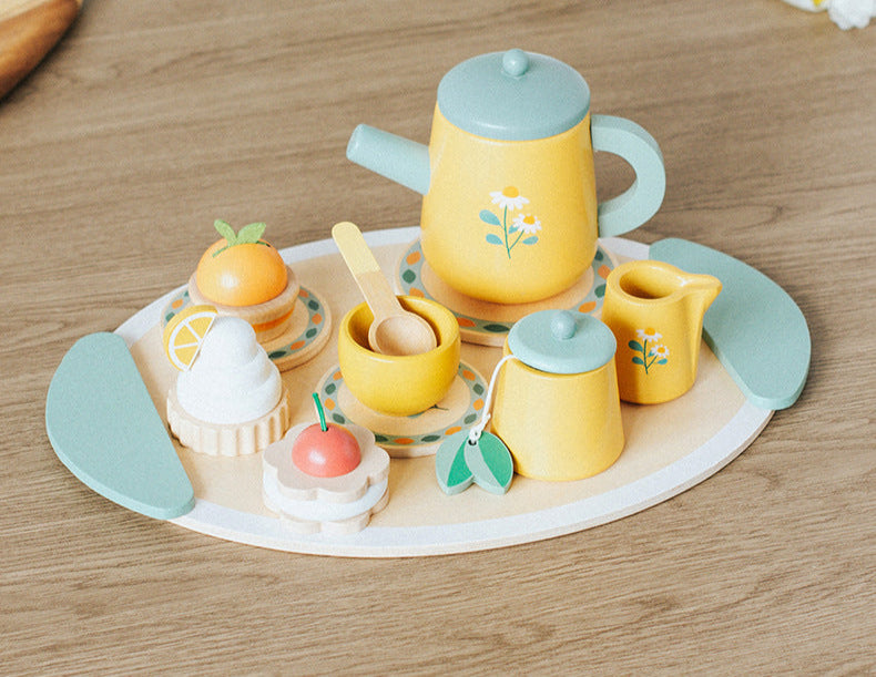 Wooden Tea Party Set for Little Girls, Tea Set Toddler Girl Toys, Pretend Play Tea Sets for Toddlers 3-5, Wooden Toys with Cupcake Stand & Play Kitchen Accessories for 3 4 5 6 Years Old Gifts