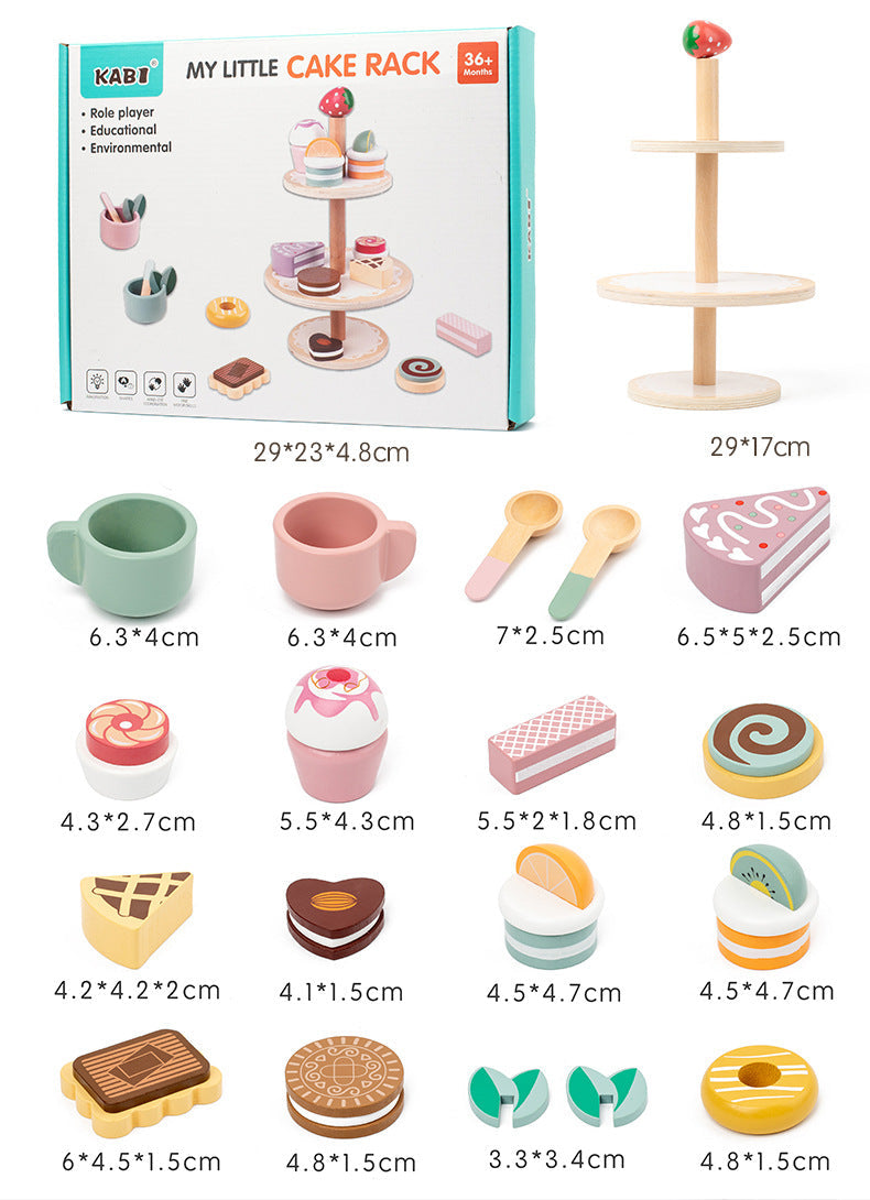 Wooden Tea Party Set for Little Girls, Tea Set Toddler Girl Toys, Pretend Play Tea Sets for Toddlers 3-5, Wooden Toys with Cupcake Stand & Play Kitchen Accessories for 3 4 5 6 Years Old Gifts