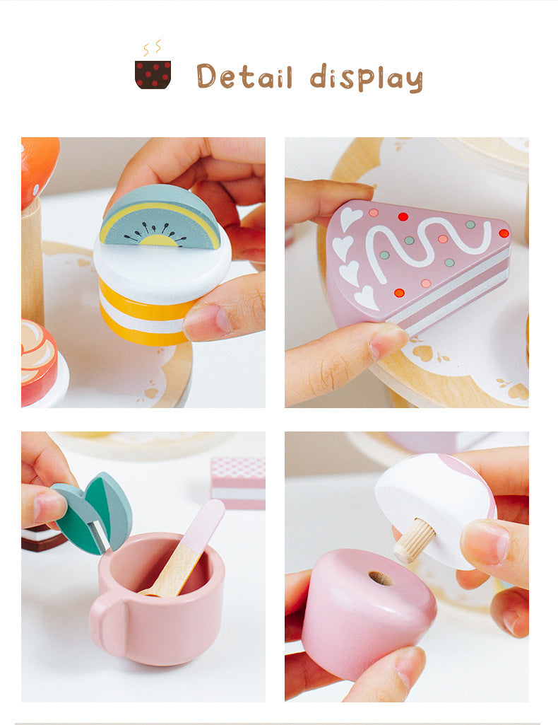 Wooden Tea Party Set for Little Girls, Tea Set Toddler Girl Toys, Pretend Play Tea Sets for Toddlers 3-5, Wooden Toys with Cupcake Stand & Play Kitchen Accessories for 3 4 5 6 Years Old Gifts
