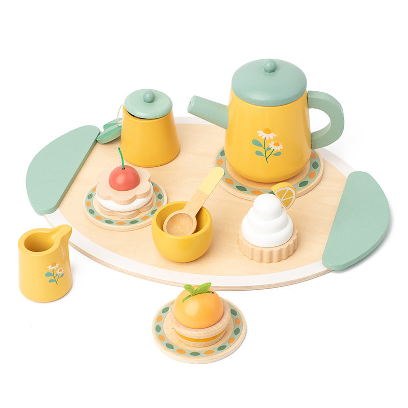 Wooden Tea Party Set for Little Girls, Tea Set Toddler Girl Toys, Pretend Play Tea Sets for Toddlers 3-5, Wooden Toys with Cupcake Stand & Play Kitchen Accessories for 3 4 5 6 Years Old Gifts