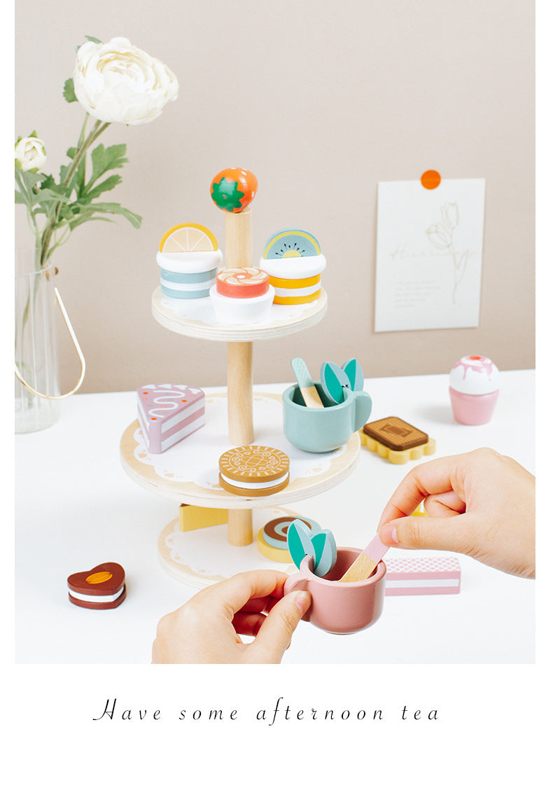 Wooden Tea Party Set for Little Girls, Tea Set Toddler Girl Toys, Pretend Play Tea Sets for Toddlers 3-5, Wooden Toys with Cupcake Stand & Play Kitchen Accessories for 3 4 5 6 Years Old Gifts