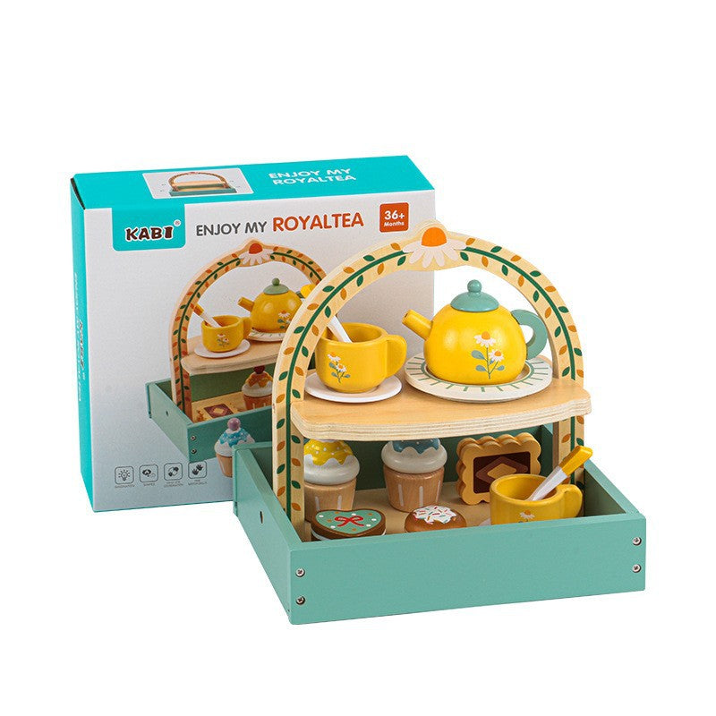 Wooden Tea Party Set for Little Girls, Tea Set Toddler Girl Toys, Pretend Play Tea Sets for Toddlers 3-5, Wooden Toys with Cupcake Stand & Play Kitchen Accessories for 3 4 5 6 Years Old Gifts