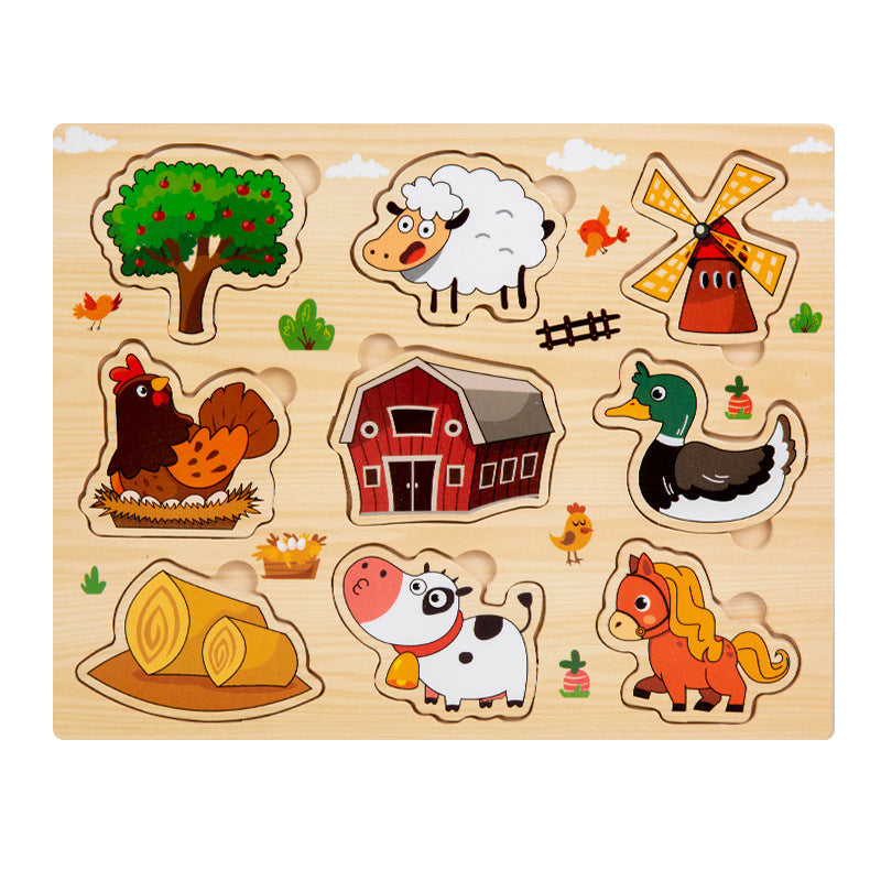 Children's Educational Toys 4--6 years Wooden Puzzles for Toddlers 9 Pieces Preschool Educational and Learning Traffic Fruit Number Animal Cognition Flat Handheld Puzzle STEM Toys