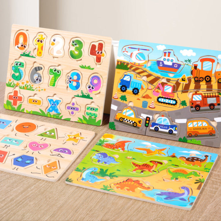Children's Educational Toys 4--6 years Wooden Puzzles for Toddlers 9 Pieces Preschool Educational and Learning Traffic Fruit Number Animal Cognition Flat Handheld Puzzle STEM Toys
