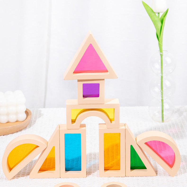 Wooden Rainbow Building Blocks for Kids 25 Pcs Rainbow Stacker Stacking Blocks Game Colorful Construction Toys Preschool Learning Educational Toys -Geometry Wooden Blocks for Boys & Girls