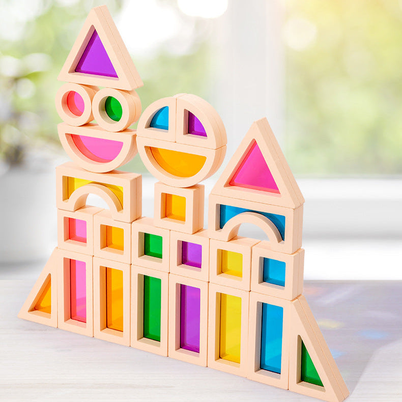 Wooden Rainbow Building Blocks for Kids 25 Pcs Rainbow Stacker Stacking Blocks Game Colorful Construction Toys Preschool Learning Educational Toys -Geometry Wooden Blocks for Boys & Girls