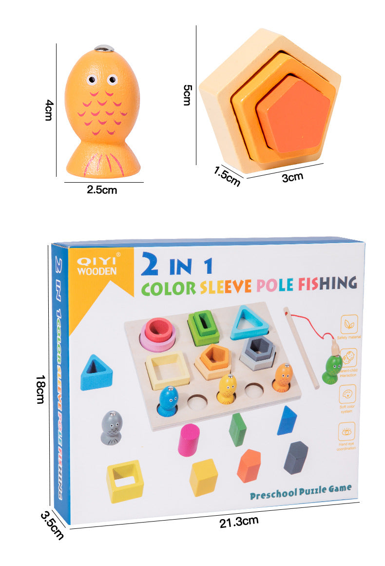 Children's Wooden Three-Dimensional Multifunctional Fishing Sleeve Column Shape Matching Cognitive Hand-Eye Coordination Educational Toys