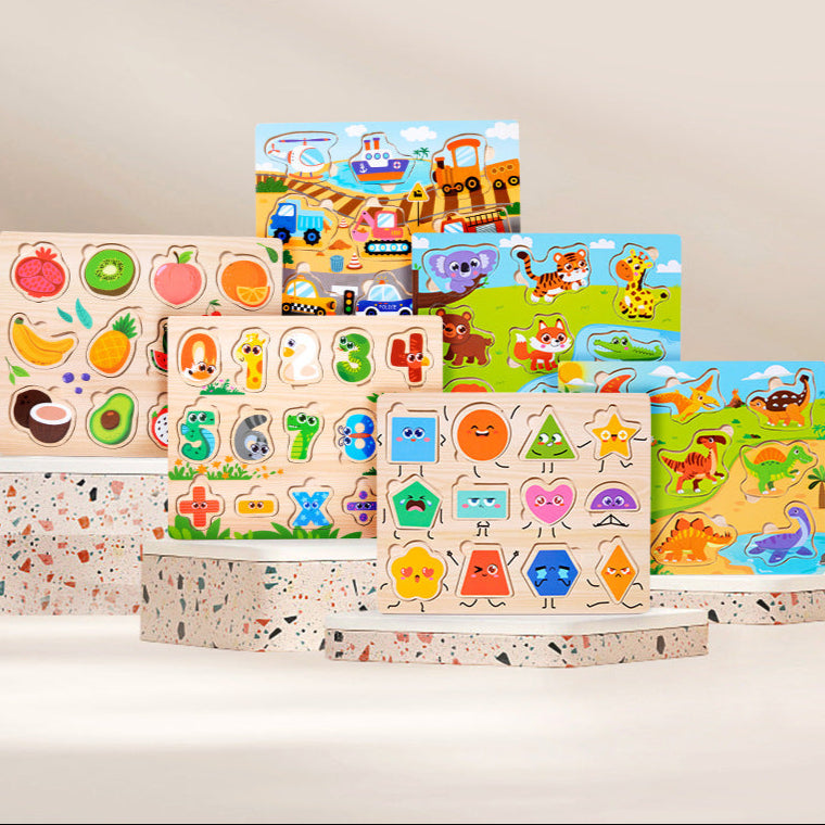 Children's Educational Toys 4--6 years Wooden Puzzles for Toddlers 9 Pieces Preschool Educational and Learning Traffic Fruit Number Animal Cognition Flat Handheld Puzzle STEM Toys