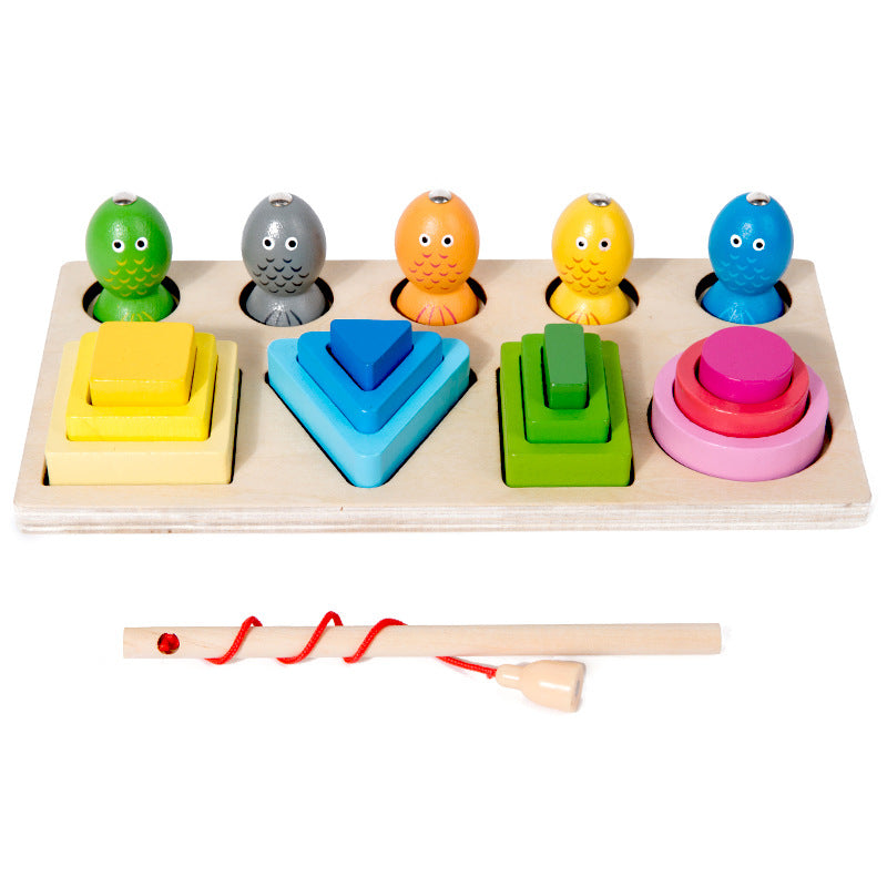 Children's Wooden Three-Dimensional Multifunctional Fishing Sleeve Column Shape Matching Cognitive Hand-Eye Coordination Educational Toys
