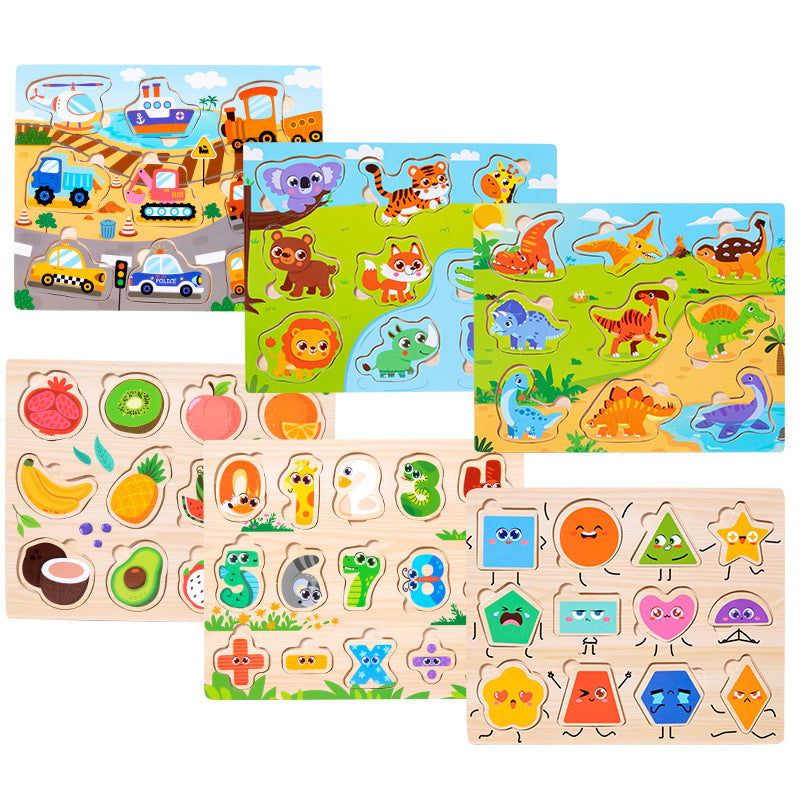 Children's Educational Toys 4--6 years Wooden Puzzles for Toddlers 9 Pieces Preschool Educational and Learning Traffic Fruit Number Animal Cognition Flat Handheld Puzzle STEM Toys