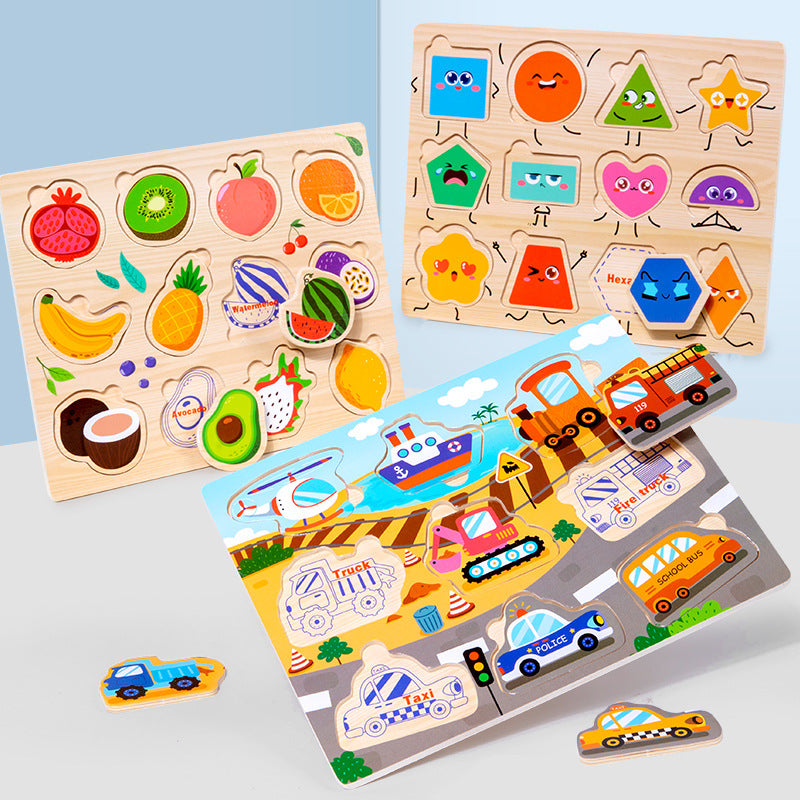 Children's Educational Toys 4--6 years Wooden Puzzles for Toddlers 9 Pieces Preschool Educational and Learning Traffic Fruit Number Animal Cognition Flat Handheld Puzzle STEM Toys