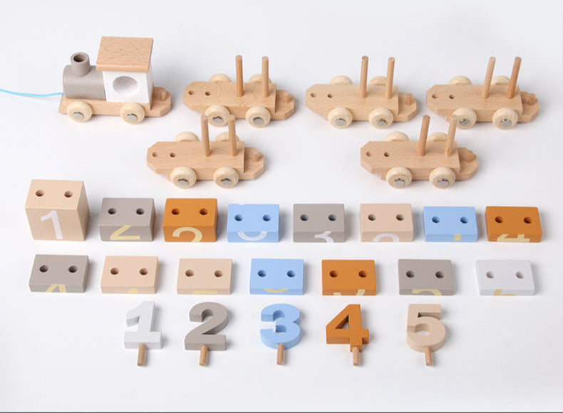 Children's Wooden Early Education Enlightenment Digital Color Cognitive Assembling Building Blocks Pulling Train Educational Toys