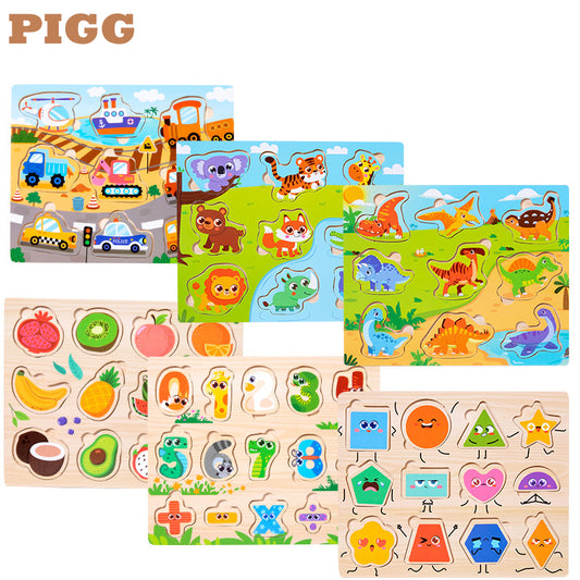 Children's Educational Toys 4--6 years Wooden Puzzles for Toddlers 9 Pieces Preschool Educational and Learning Traffic Fruit Number Animal Cognition Flat Handheld Puzzle STEM Toys