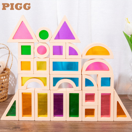 Wooden Rainbow Building Blocks for Kids 25 Pcs Rainbow Stacker Stacking Blocks Game Colorful Construction Toys Preschool Learning Educational Toys -Geometry Wooden Blocks for Boys & Girls