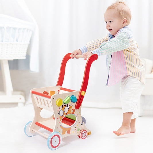 Multifunctional Children's Push Toy Shopping Cart Toddler Wooden Supermarket Push Cart Toy Car