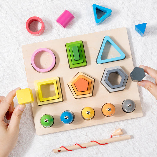 Children's Wooden Three-Dimensional Multifunctional Fishing Sleeve Column Shape Matching Cognitive Hand-Eye Coordination Educational Toys
