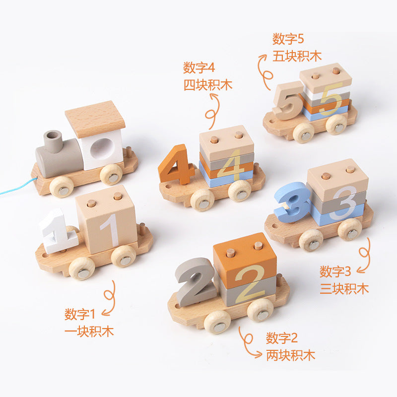 Children's Wooden Early Education Enlightenment Digital Color Cognitive Assembling Building Blocks Pulling Train Educational Toys