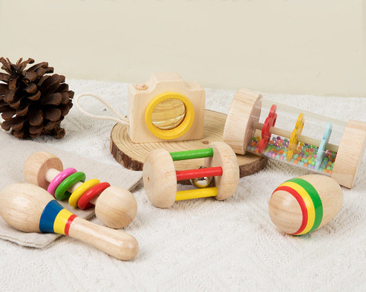 Montessori Early Education Wooden Baby Teething Soothing Hand Rattle6Set Combination Set Educational Toys,Wooden Rattle for Boys Girls, Rattle Toys for Babies