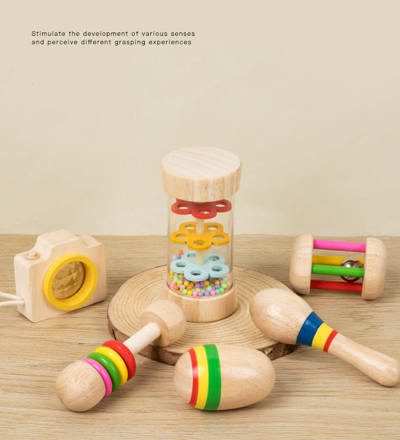 Montessori Early Education Wooden Baby Teething Soothing Hand Rattle6Set Combination Set Educational Toys,Wooden Rattle for Boys Girls, Rattle Toys for Babies