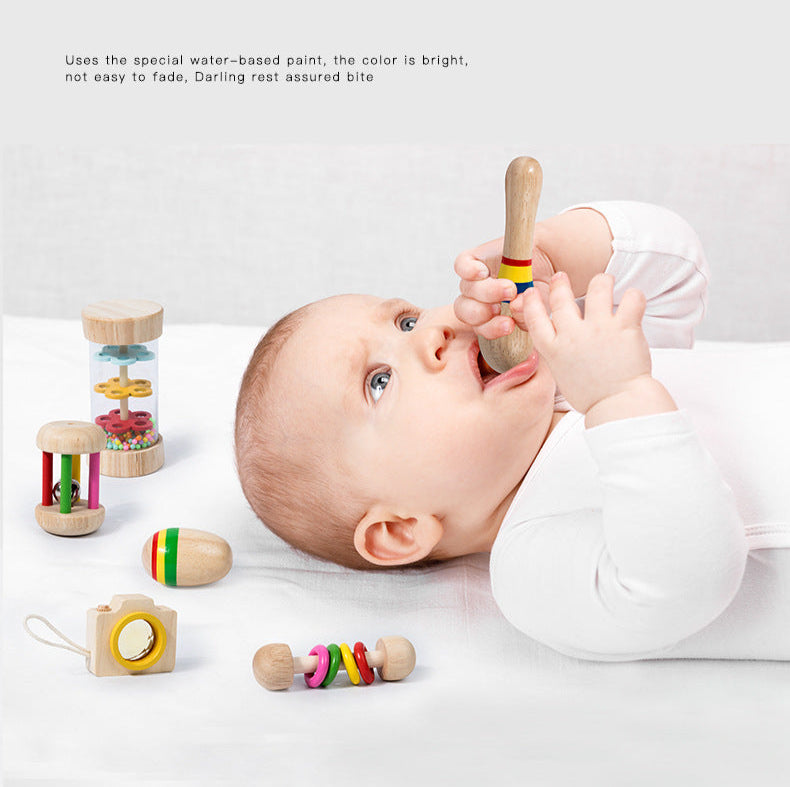 Montessori Early Education Wooden Baby Teething Soothing Hand Rattle6Set Combination Set Educational Toys,Wooden Rattle for Boys Girls, Rattle Toys for Babies