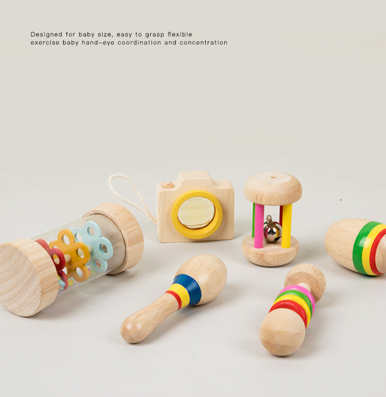 Montessori Early Education Wooden Baby Teething Soothing Hand Rattle6Set Combination Set Educational Toys,Wooden Rattle for Boys Girls, Rattle Toys for Babies