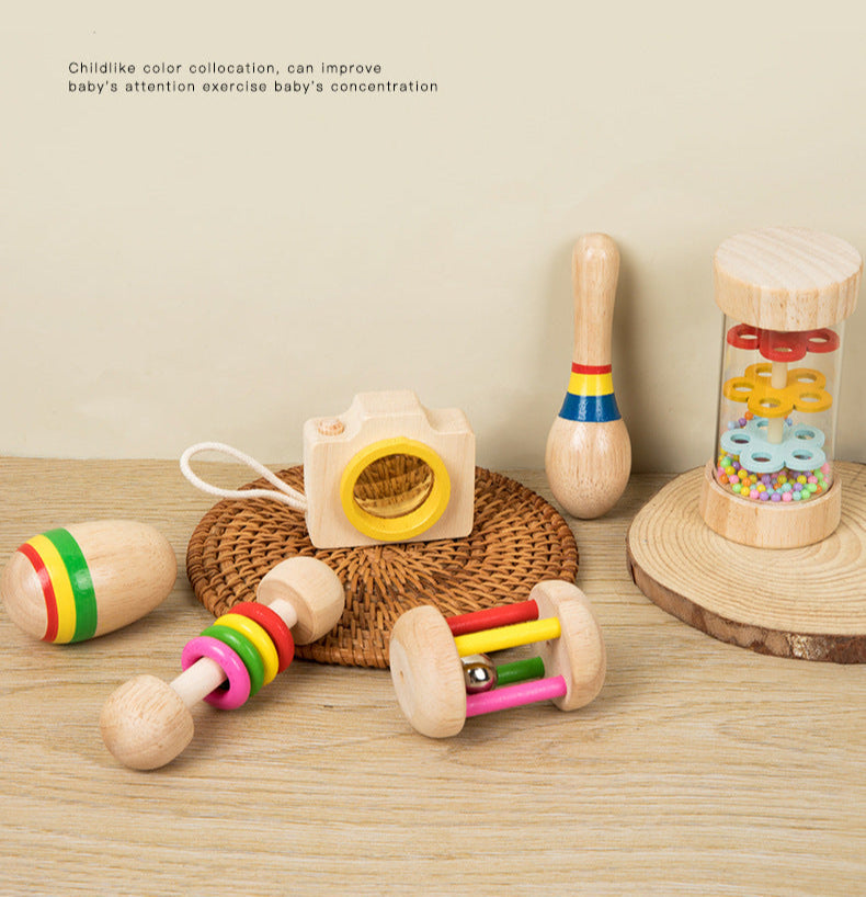 Montessori Early Education Wooden Baby Teething Soothing Hand Rattle6Set Combination Set Educational Toys,Wooden Rattle for Boys Girls, Rattle Toys for Babies