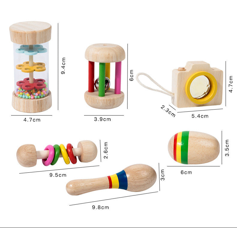 Montessori Early Education Wooden Baby Teething Soothing Hand Rattle6Set Combination Set Educational Toys,Wooden Rattle for Boys Girls, Rattle Toys for Babies
