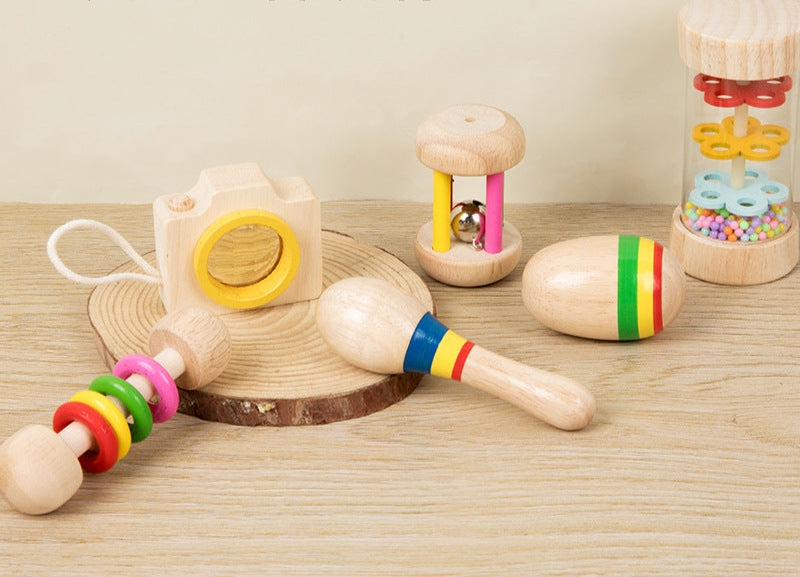Montessori Early Education Wooden Baby Teething Soothing Hand Rattle6Set Combination Set Educational Toys,Wooden Rattle for Boys Girls, Rattle Toys for Babies