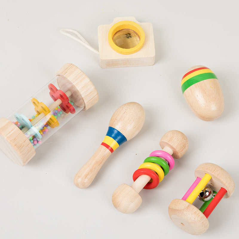 Montessori Early Education Wooden Baby Teething Soothing Hand Rattle6Set Combination Set Educational Toys,Wooden Rattle for Boys Girls, Rattle Toys for Babies